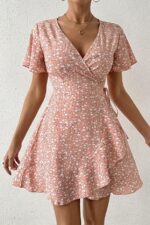 Pink Floral Print Wrap Summer Dress