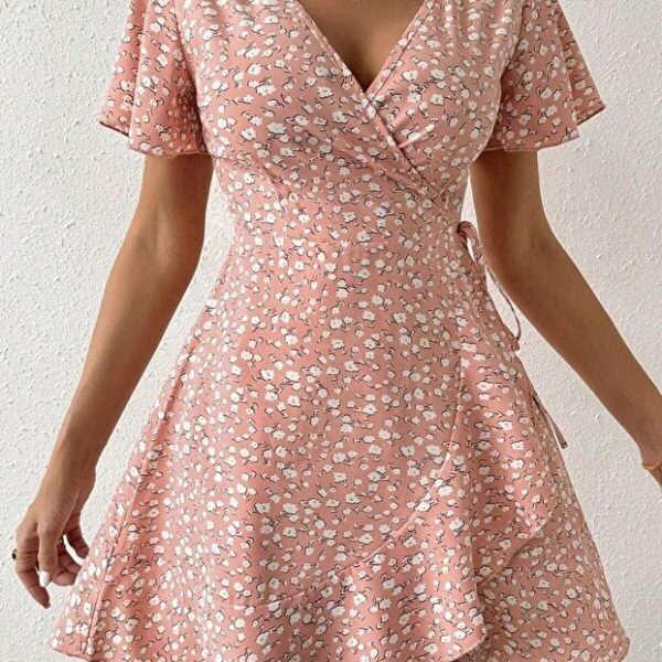 Pink Floral Print Wrap Summer Dress