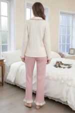 Pink Ruffle Detail Corded Fabric Cotton Long Sleeve Pajama Set - Image 3