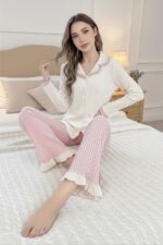 Pink Ruffle Detail Corded Fabric Cotton Long Sleeve Pajama Set - Image 5