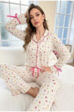 Ribbon Detail Minimal Floral Print Buttoned Pajama Set