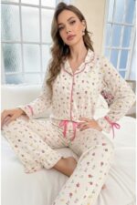 Ribbon Detail Minimal Floral Print Buttoned Pajama Set - Image 2