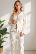 V-Neck Cotton Buttoned Long Pajama Set - Image 4