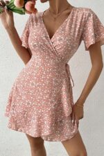 Pink Floral Print Wrap Summer Dress - Image 3