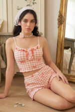 Women's Pink Plaid Bow Patterned Strappy Crop Tank Top and Ruffle Shorts Pajama Set - Image 7