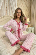Transitional Long Sleeve Bow Printed Long Pajama Set