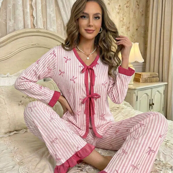 Transitional Long Sleeve Bow Printed Long Pajama Set