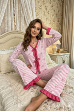 Transitional Long Sleeve Bow Printed Long Pajama Set - Image 3