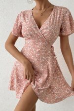 Pink Floral Print Wrap Summer Dress - Image 4