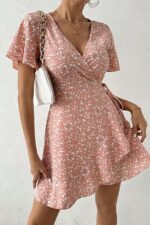 Pink Floral Print Wrap Summer Dress - Image 5