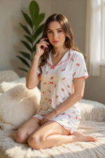 Ecru Floral Printed Cotton Shorts Pajama Set - Image 3