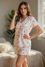 Ecru Floral Printed Cotton Shorts Pajama Set - Image 4