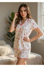 Ecru Floral Printed Cotton Shorts Pajama Set - Image 6