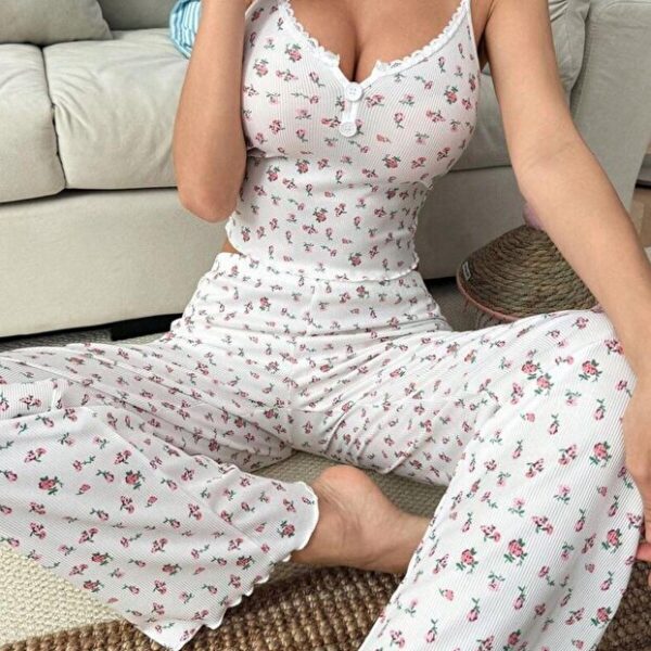 Ecru Rope Strap Ornamental Button Summer Pajama Set