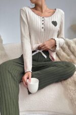 Embroidered Cotton Heart Detail Pajama Set - Green