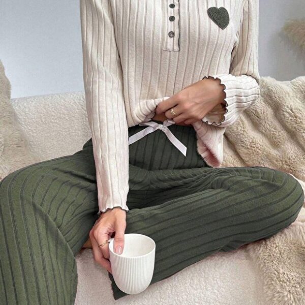 Embroidered Cotton Heart Detail Pajama Set - Green