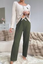 Embroidered Cotton Heart Detail Pajama Set - Green - Image 3