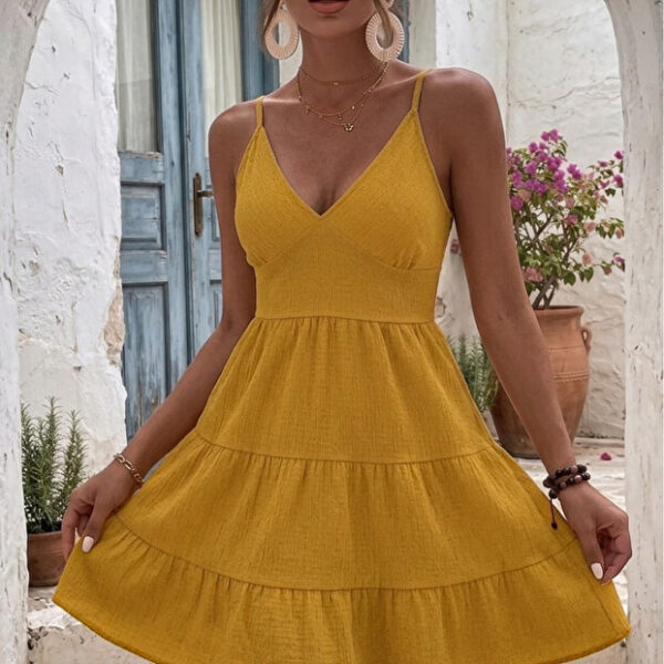 Mustard Yellow Backless V-Neck Summer Dress