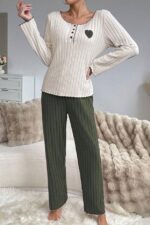 Embroidered Cotton Heart Detail Pajama Set - Green - Image 5