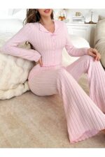 Pink Soft Cotton Long Pajama Set with Bow Detail - Image 3