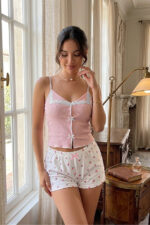 Pink Lace Detailed Ribbon Strap Shorts Pajama Set - Image 2