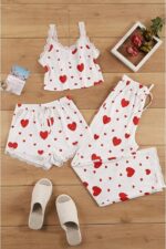 3 Piece Cotton Heart Patterned Pajamas Set