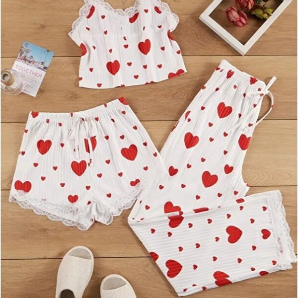 3 Piece Cotton Heart Patterned Pajamas Set