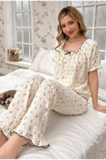 Retro Floral Patterned Bow Detailed Pajama Set - Image 5