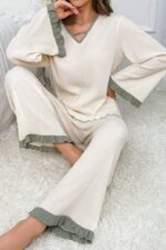 V-Neck Green Ruffle Detail Flared Pajama Set