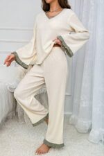 V-Neck Green Ruffle Detail Flared Pajama Set - Image 4