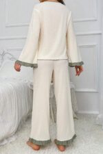 V-Neck Green Ruffle Detail Flared Pajama Set - Image 5