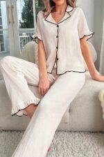 Beige Short Sleeve Buttoned Seasonal Pajama Set - Image 3