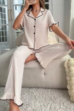 Beige Short Sleeve Buttoned Seasonal Pajama Set - Image 5