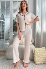 Beige Short Sleeve Buttoned Seasonal Pajama Set - Image 6