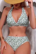 3 Piece Green Daisy Patterned Pareo Bikini Set - Image 4