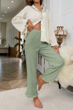 Green Long Sleeve V-Neck Ruffle Detail Pajama Set - Image 2