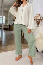 Green Long Sleeve V-Neck Ruffle Detail Pajama Set - Image 3
