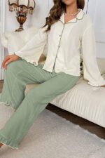 Green Long Sleeve V-Neck Ruffle Detail Pajama Set - Image 4