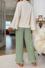 Green Long Sleeve V-Neck Ruffle Detail Pajama Set - Image 5