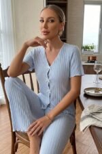 Blue Short Sleeve V-Neck Bow Cotton Women's Pajama Set - Image 2