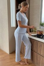 Blue Short Sleeve V-Neck Bow Cotton Women's Pajama Set - Image 3