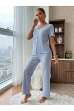 Blue Short Sleeve V-Neck Bow Cotton Women's Pajama Set - Image 4
