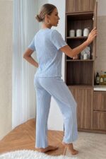 Blue Short Sleeve V-Neck Bow Cotton Women's Pajama Set - Image 5
