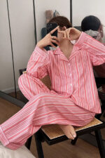 Pink Buttoned Vertical Printed Long-Sleeve Pajama Set - Image 4