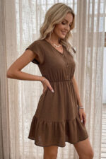 Brown V-Neck Short Sleeve Buttoned Summer Dress - Image 2