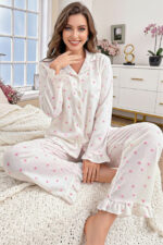 Women's Buttoned Long Sleeve Small Heart Patterned Long Pajama Set - Image 2