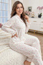 Women's Buttoned Long Sleeve Small Heart Patterned Long Pajama Set - Image 3