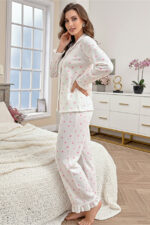 Women's Buttoned Long Sleeve Small Heart Patterned Long Pajama Set - Image 4