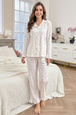 Women's Buttoned Long Sleeve Small Heart Patterned Long Pajama Set - Image 5