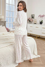 Women's Buttoned Long Sleeve Small Heart Patterned Long Pajama Set - Image 6